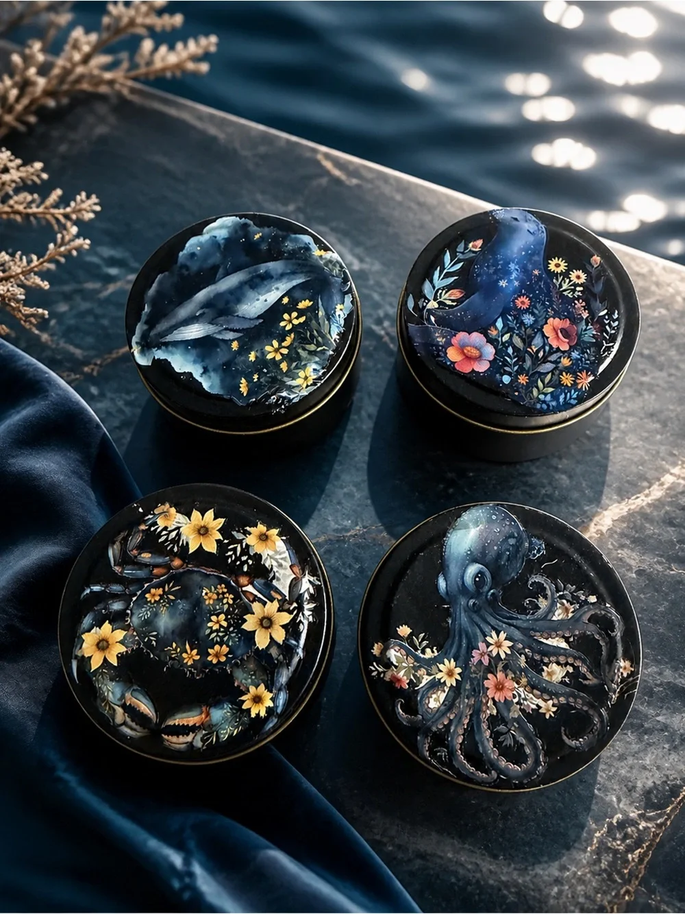 Set of 4 Celestial Ocean 4oz Decorative Tins with Lids-Handmade Aquatic Art